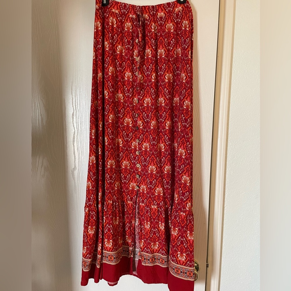Red Boho Button Down Skirt - bohemian wood buttons maxi flowy orange paisley